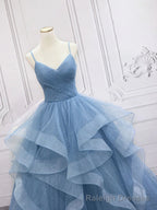 Shiny V Neck Blue Prom Dresses, Shiny V Neck Blue Formal Prom Dresses