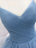 Shiny V Neck Blue Prom Dresses, Shiny V Neck Blue Formal Prom Dresses