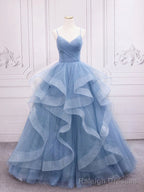 Shiny V Neck Blue Prom Dresses, Shiny V Neck Blue Formal Prom Dresses