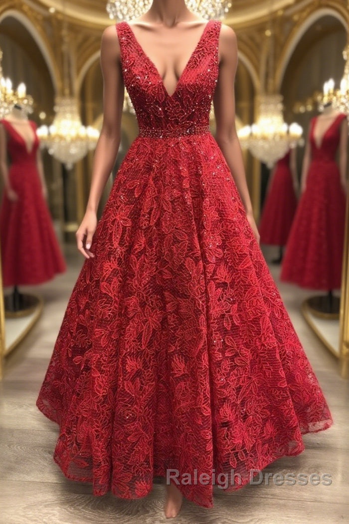 Shiny V Neck Burgundy Lace Long Prom Dress, Burgundy Lace Formal Dress, Sparkly Burgundy Evening Dress Main image