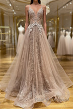 Shiny V Neck Champagne Lace Prom Dresses, Champagne V Neck Lace Formal Graduation Evening Dresses