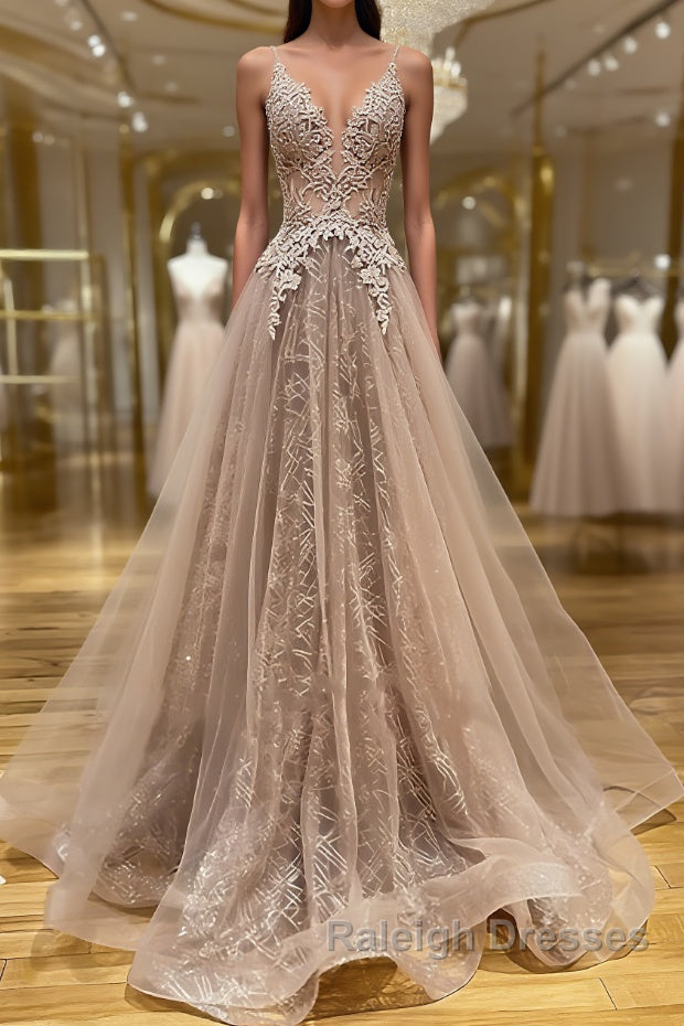 Shiny V Neck Champagne Lace Prom Dresses, Champagne V Neck Lace Formal Graduation Evening Dresses