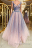 Shiny V Neck Colorful Champagne Long Prom Dress, Champagne Formal Evening Dress