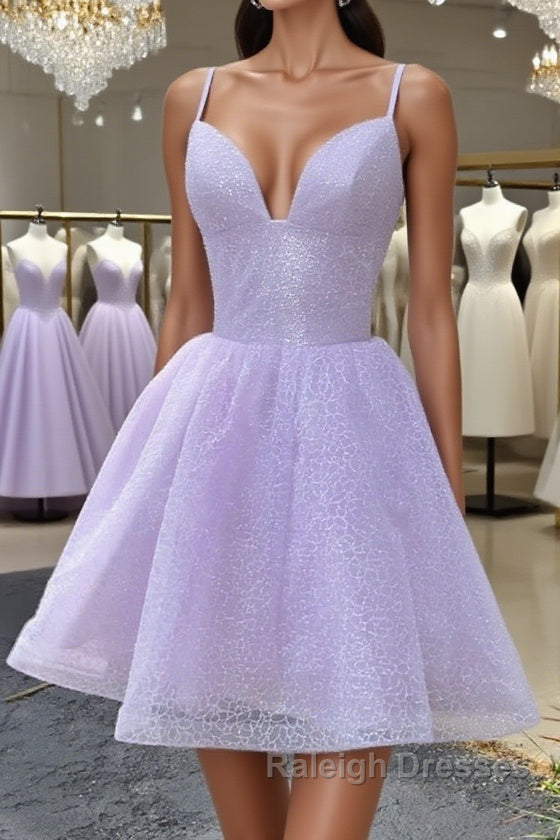 Shiny V Neck Lilac Short Prom Dresses, Lilac Homecoming Dresses Main image