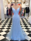 Shiny V Neck Mermaid Blue Prom Dresses, V Neck Blue Mermaid Formal Prom Dresses