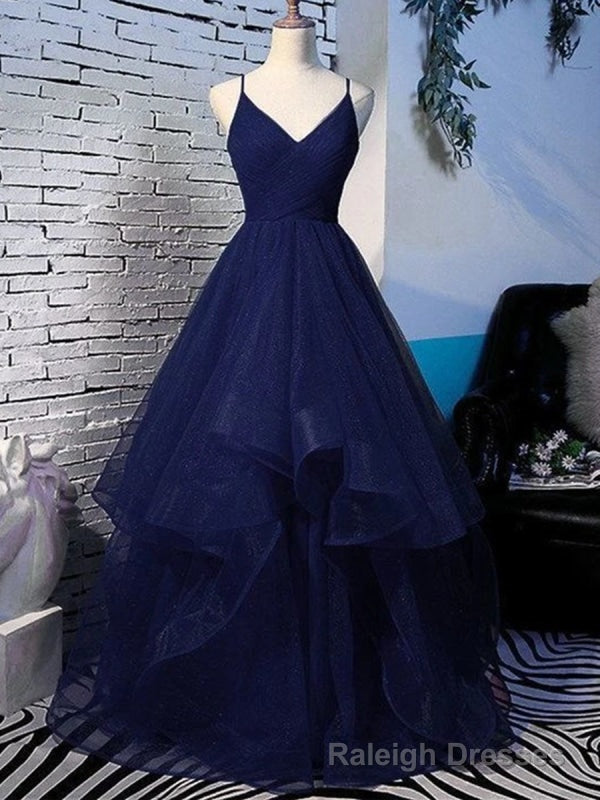 Shiny V Neck Navy Blue Long Prom Dresses, Fluffy Navy Blue Formal Prom Dresses, Sparkly Ball