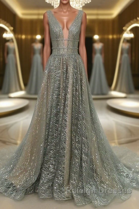 Shiny V Neck Open Back Champagne Long Prom Dresses, Champagne Formal Graduation Evening Dresses Main image