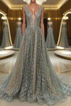 Shiny V Neck Open Back Champagne Long Prom Dress Champagne Prom Graduation Prom Dress