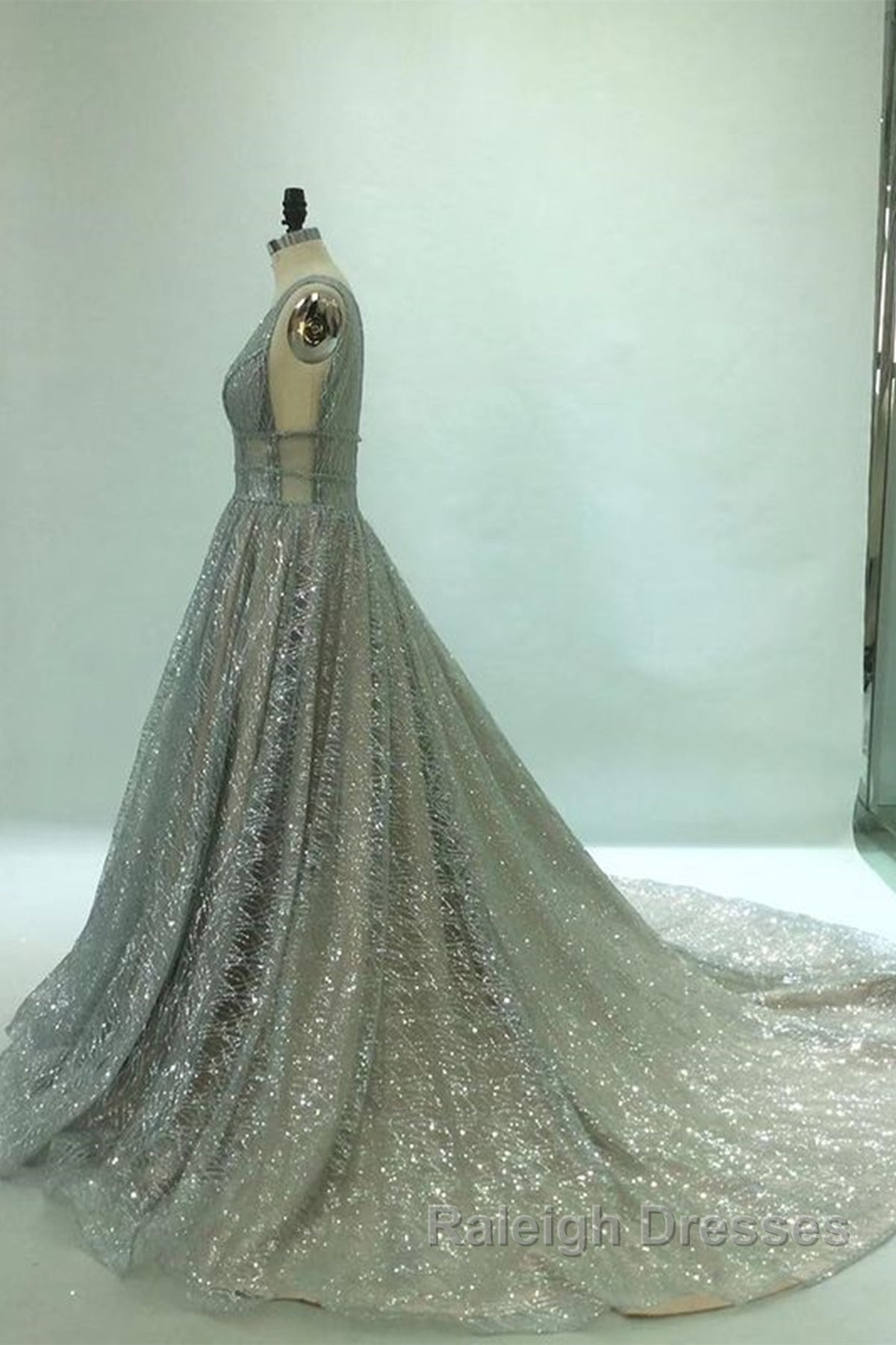 Shiny V Neck Open Back Champagne Long Prom Dresses, Champagne Formal Graduation Evening Dresses Secondary image