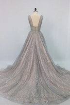 Shiny V Neck Open Back Champagne Long Prom Dresses, Champagne Formal Graduation Evening Dresses