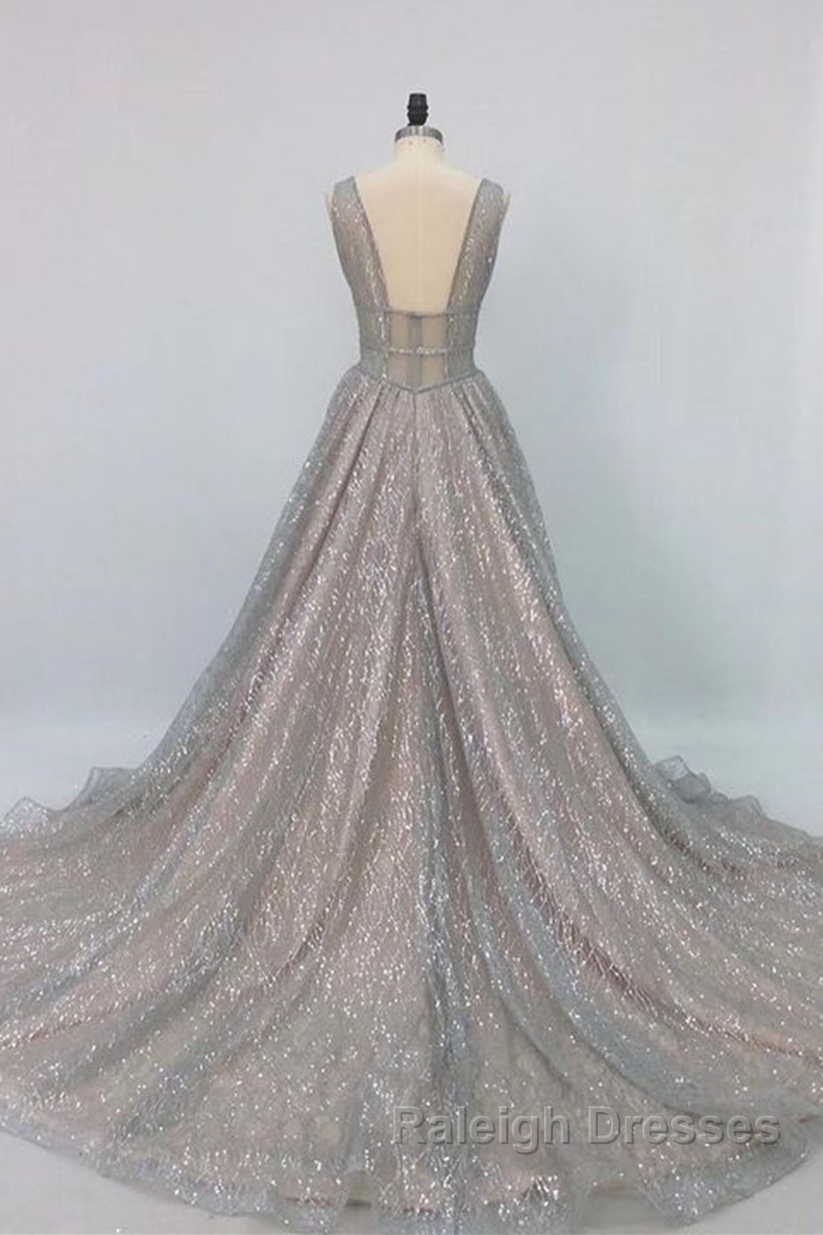 Shiny V Neck Open Back Champagne Long Prom Dress Champagne Prom Graduation Prom Dress