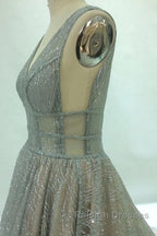 Shiny V Neck Open Back Champagne Long Prom Dress Champagne Prom Graduation Prom Dress