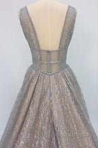 Shiny V Neck Open Back Champagne Long Prom Dresses, Champagne Formal Graduation Evening Dresses