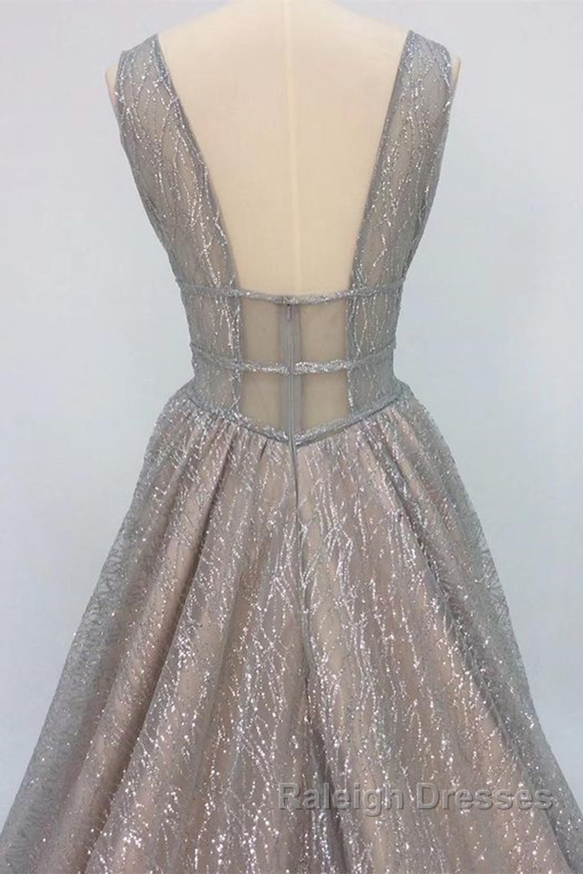 Shiny V Neck Open Back Champagne Long Prom Dresses, Champagne Formal Graduation Evening Dresses