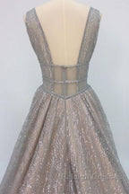Shiny V Neck Open Back Champagne Long Prom Dress Champagne Prom Graduation Prom Dress