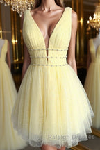 Shiny V Neck Open Back Yellow Tulle Short Prom Dress, V Neck Yellow Formal Graduation Homecoming Dress