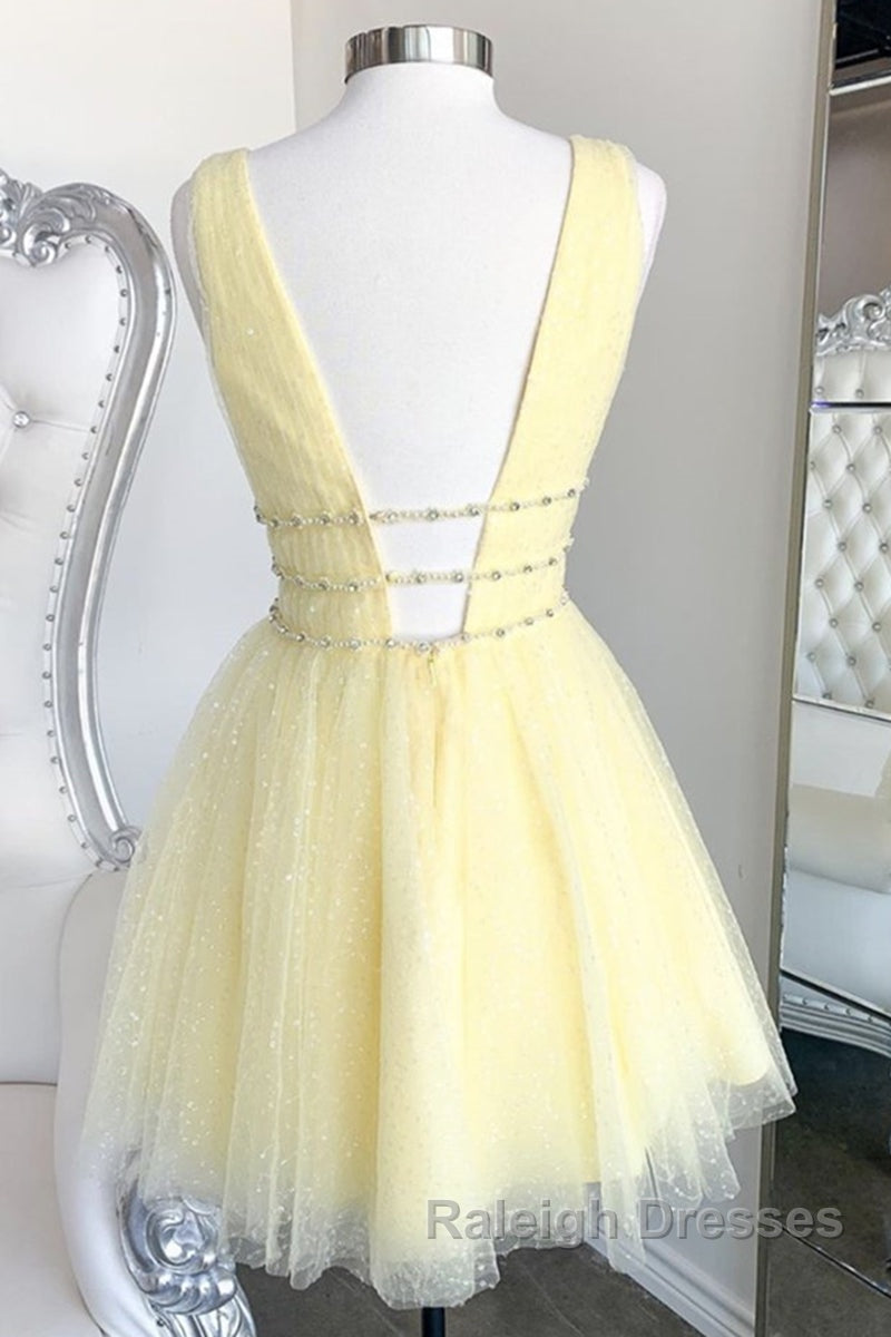 Shiny V Neck Open Back Yellow Tulle Short Prom Dress, V Neck Yellow Formal Graduation Homecoming Dress Secondary image