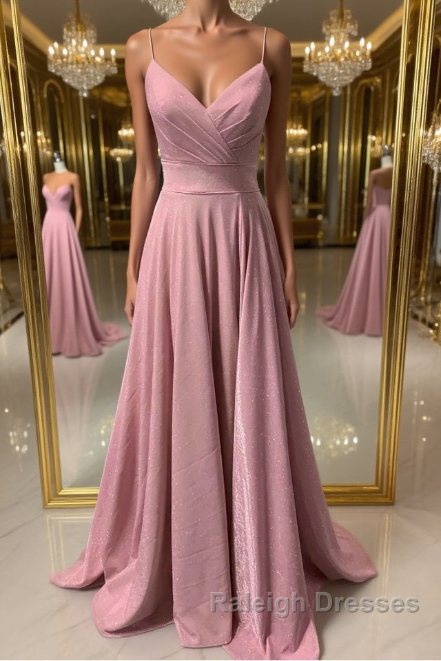 Shiny V Neck Pink Long Prom Dresses, Pink V Neck Long Formal Evening Dresses Main image