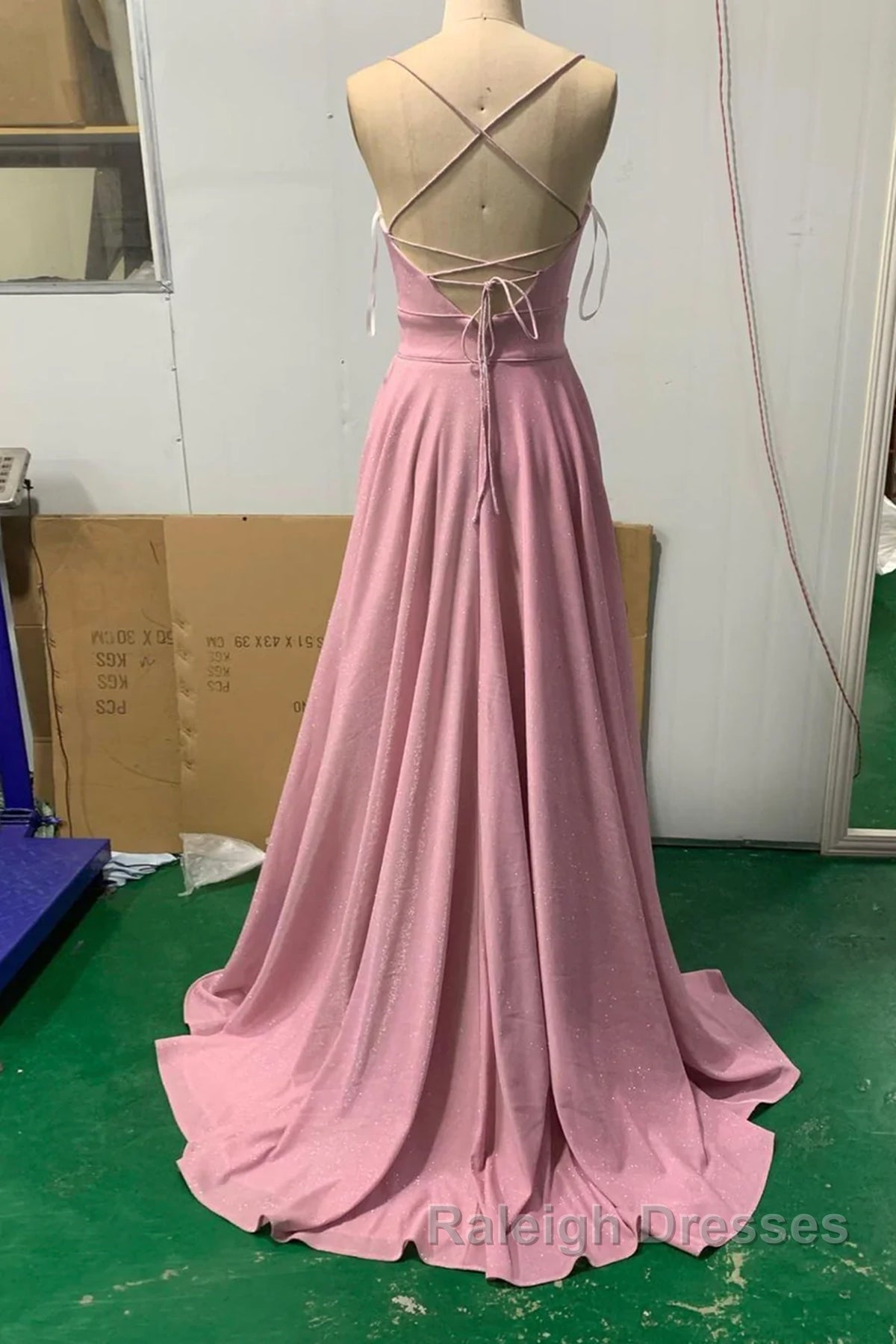 Shiny V Neck Pink Long Prom Dresses, Pink V Neck Long Formal Evening Dresses Secondary image