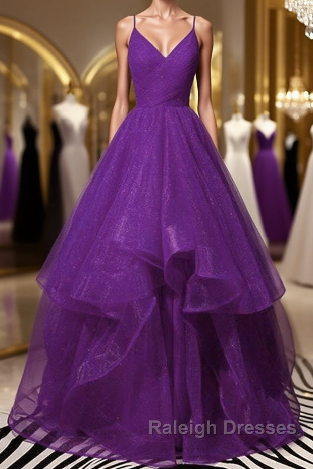 Shiny V Neck Purple Long Prom Dresses, Long Purple Formal Evening Dresses, Purple Ball Gown Main image