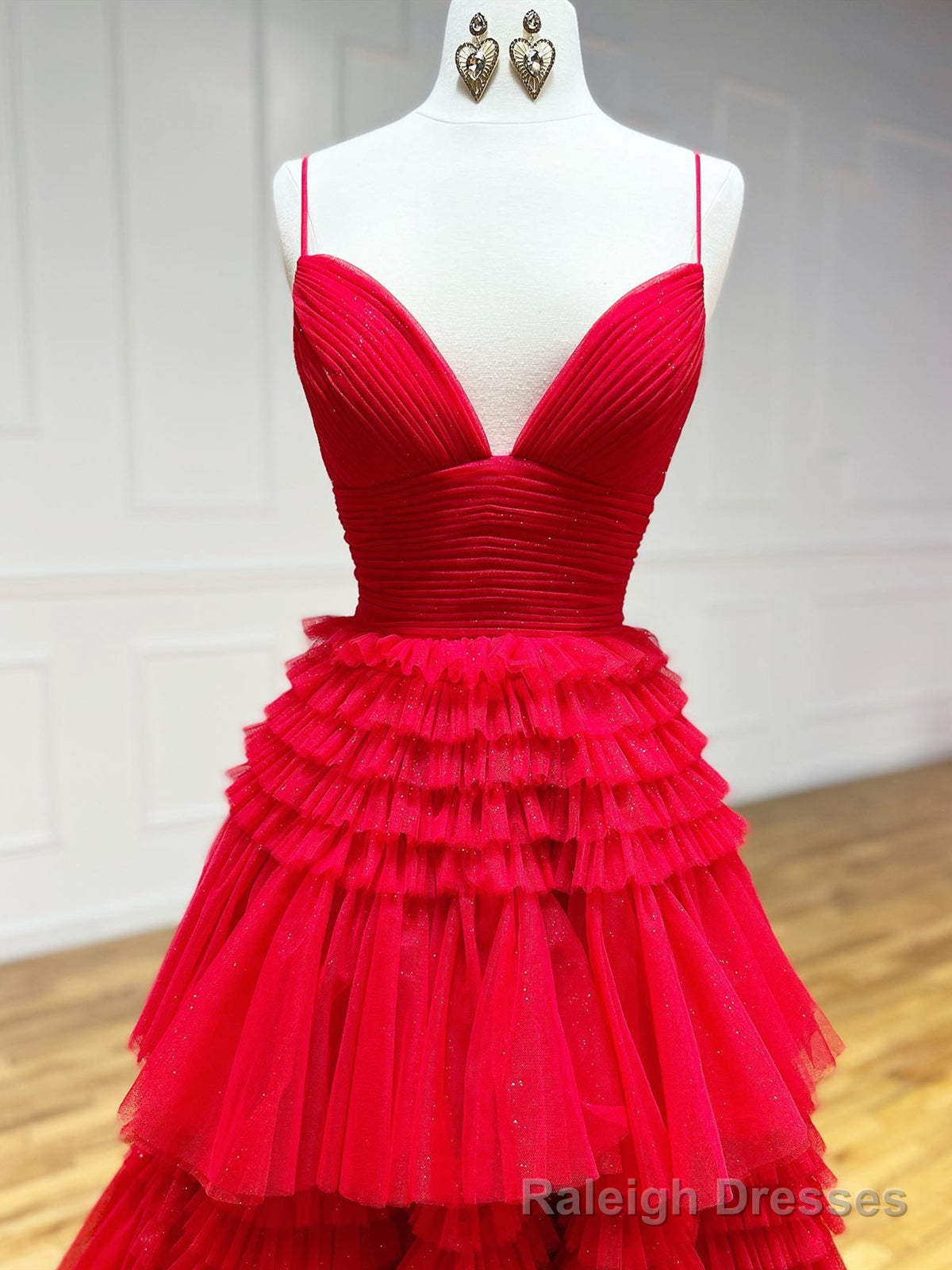 Shiny V Neck Red High Low Prom Dresses, V Neck High Low Red Formal Prom Dresses Secondary image