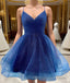 Shiny V Neck Short Blue Green White Prom Dresses, Shiny Short V Neck Formal Homecoming Dresses