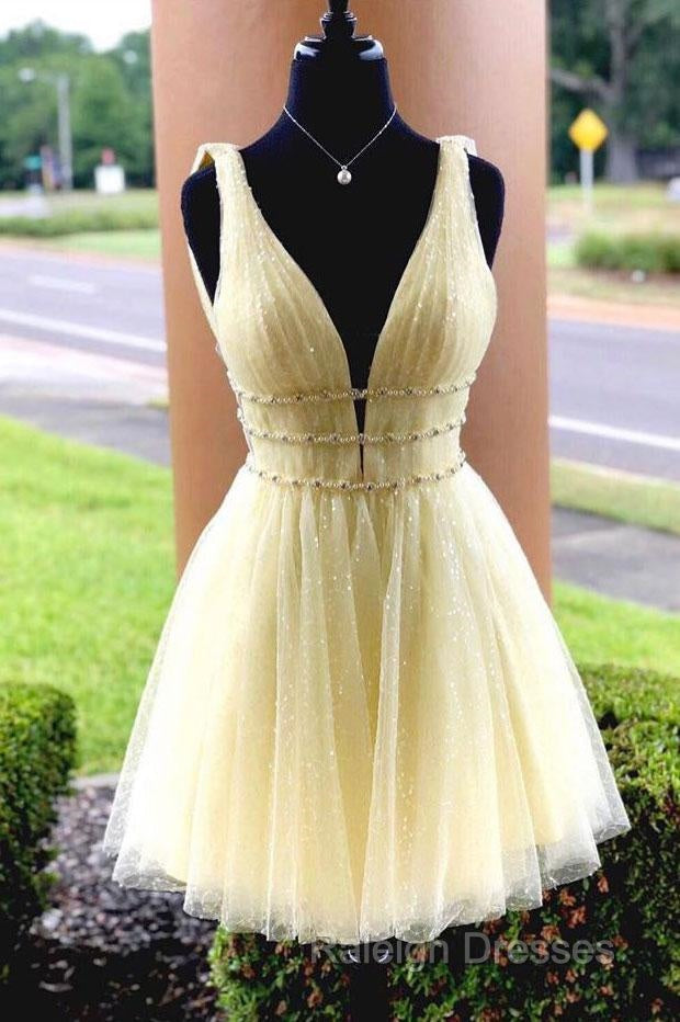 Shiny V Neck Short Blue/Yellow Prom Dressesses Short Blue/Yellow V Neck Fomal Homecoming Graduation Dress