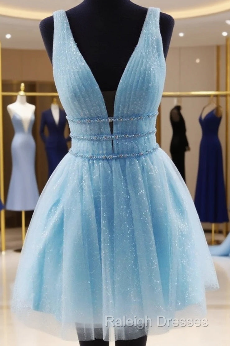 Shiny V Neck Short Blue/Yellow Prom Dressses, Short Blue/Yellow V Neck Fomal Homecoming Graduation Dresses Main image