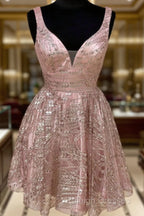 Shiny V Neck Short Champagne Prom Dresses, Short V Neck Champagne Graduation Formal Dresses