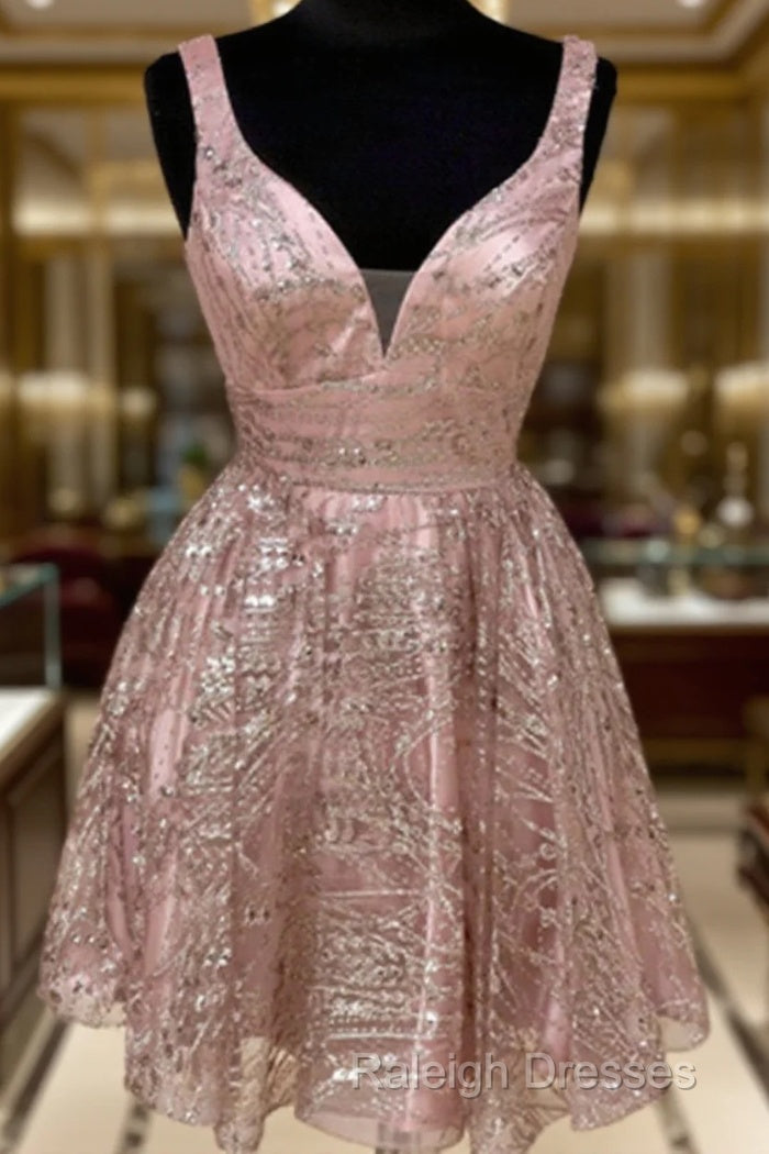 Shiny V Neck Short Champagne Prom Dresses, Short V Neck Champagne Graduation Formal Dresses