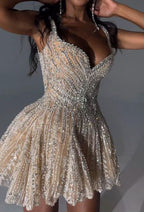 Shiny White Strappy V-Neck Beaded A-Line 17Th Birthday Homecoming Dresses