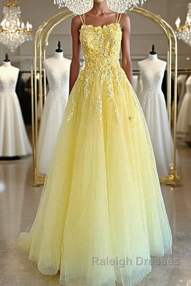Shiny Yellow Lace Floral Prom Dresses, Shiny Yellow Lace Floral Formal Evening Dresses Main image