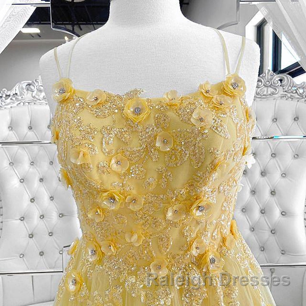 Shiny Yellow Lace Floral Prom Dresses, Shiny Yellow Lace Floral Formal Evening Dresses Secondary image