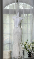 Shinying White Mermaid Strapless Lace-Up Back Sequin Chiffon Long Formal Prom Dress