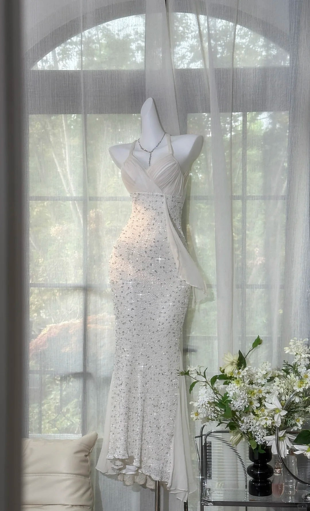 Shinying White Mermaid Strapless Lace-Up Back Sequin Chiffon Long Formal Prom Dress