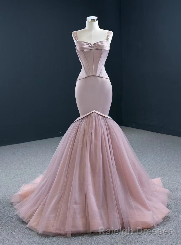 Shop An Amazing Selection Of Sexy Pink Mermaid Satin Tulle Straps Pleats Prom Dress Main image