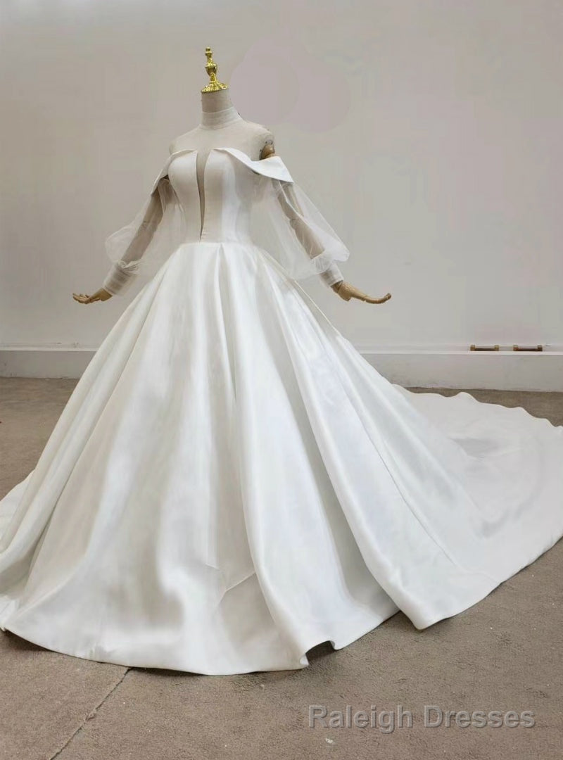Shop An Amazing Selection Of White Ball Gown Satin High Neck See Through V-neck Wedding Dress Main image