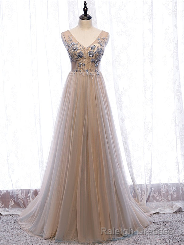 Shop Beautiful Champagne V Neck Tulle Beading Floor Length Backless Prom Dress Under 130