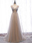 Shop Beautiful Champagne V Neck Tulle Beading Floor Length Backless Prom Dress Under 130