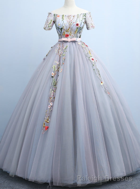 Shop Designer Gray Ball Gown Tulle Off the Shoulder Short Sleeve Embroidery Main image