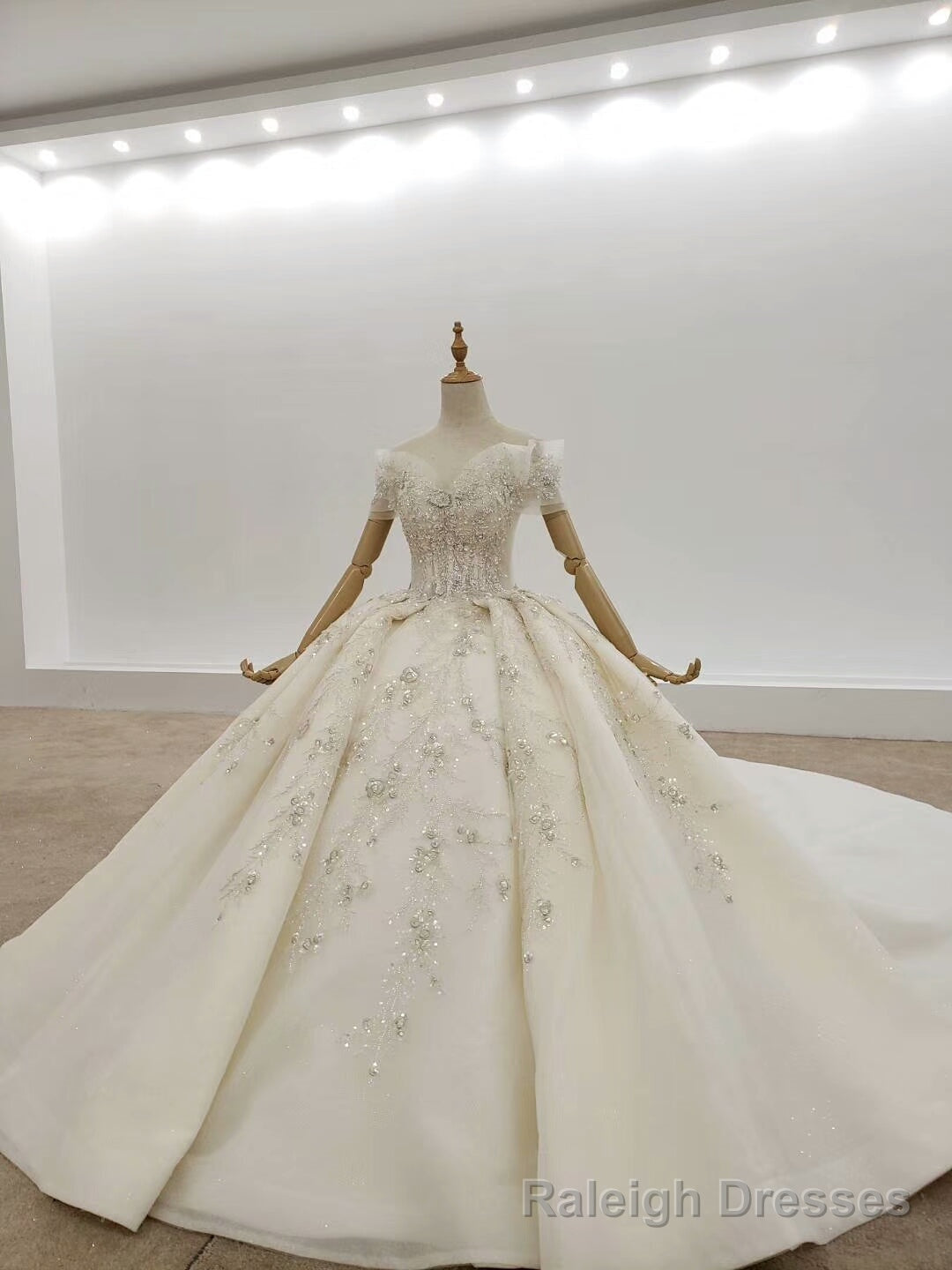 Shop Designer Off The Shoulder Short Sleeves Tulle Crystal Huate Couture Wedding Dress Main image