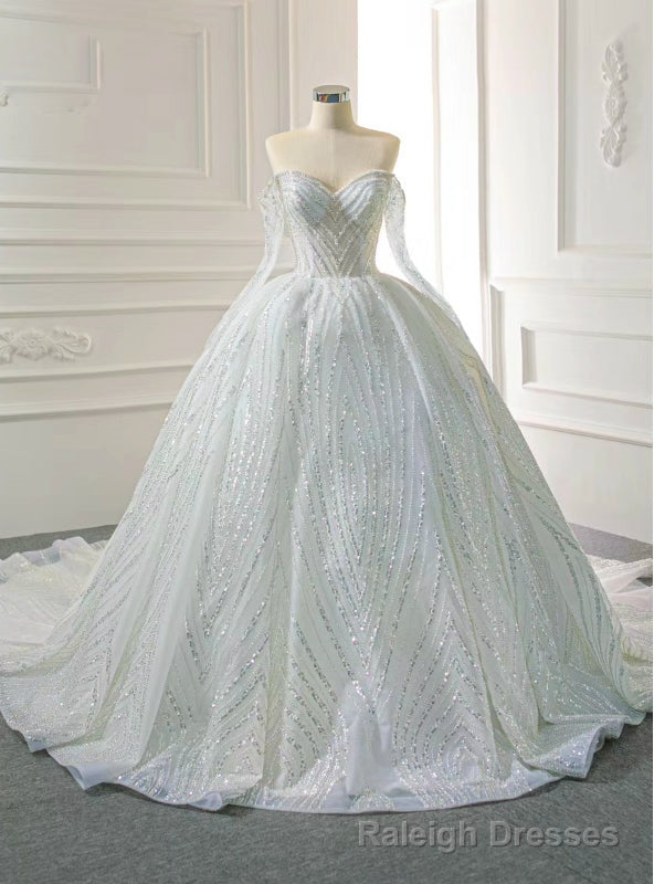 Shop Designer White Ball Gown Heavy Work Long Sleeve Tulle Sequins Wedding Dress Main image
