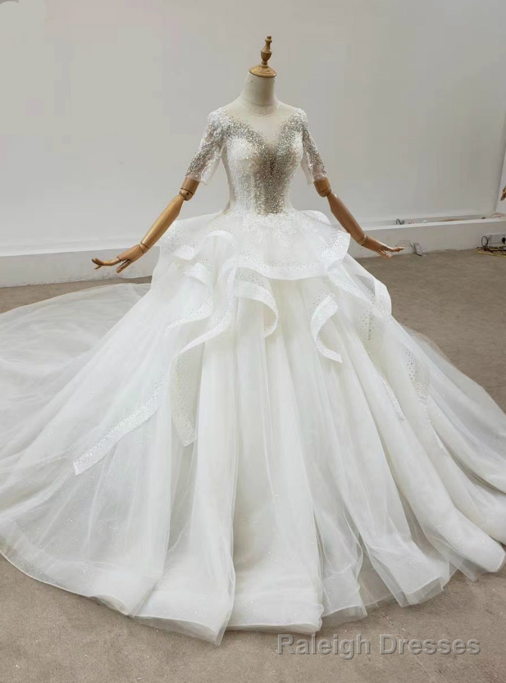 Shop For The Perfect Ivory White Tulle Sequins Beading Backless Short Sleeve Wedding Dress Main image