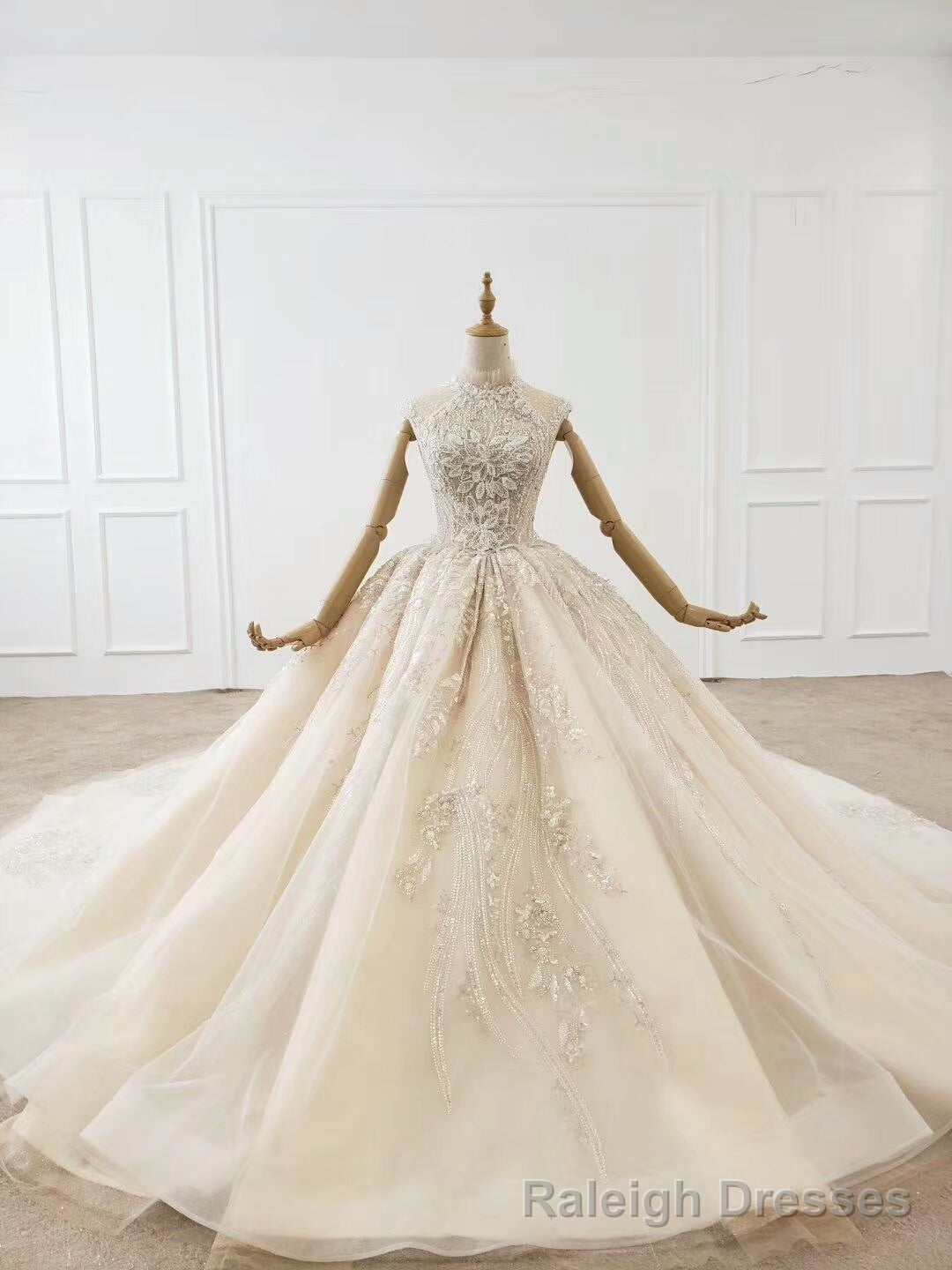 Shop High Neck Tulle Crystal Zipper Up Ball Gown Sparkle Sequin Haute Couture Wedding Dress