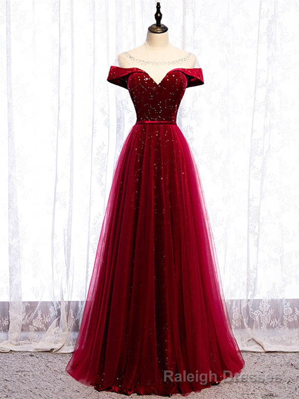 Shop Scoop Cap Sleeves See Through Sequin Tulle Burgundy Prom Dress Under 119 Main image