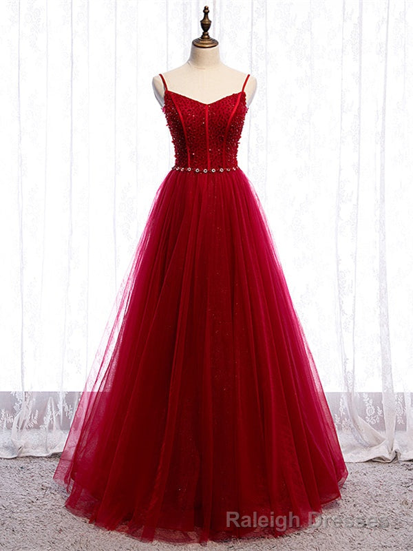 Shop Spaghetti Straps Tulle Beading Floor Length Burgundy Prom Dress Under 130