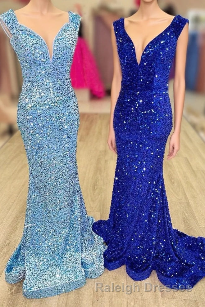 Blue Sequin V Neck Lace-Up Mermaid Long Prom Dresses Main image