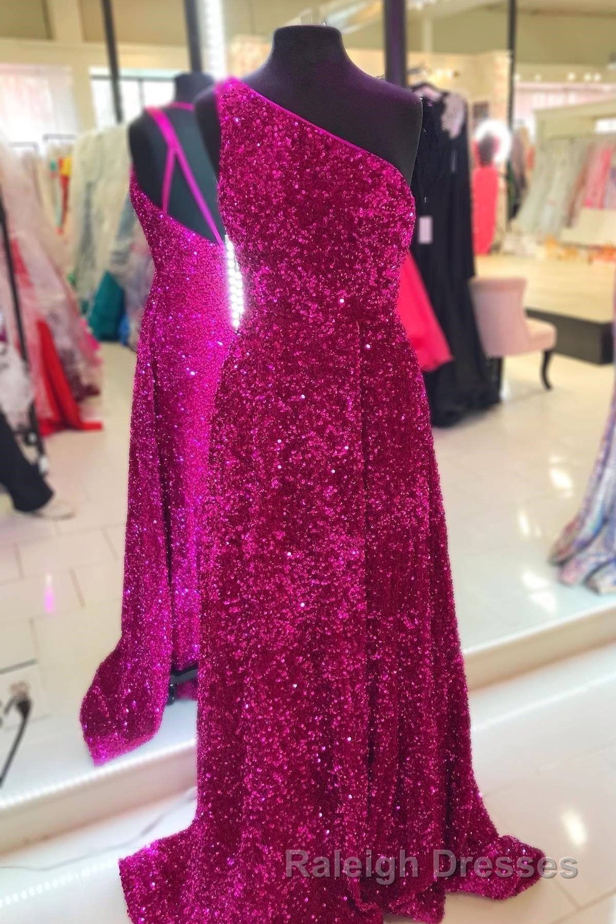 Purple Sequin One-Shoulder Backless A-Line Long Prom Dress