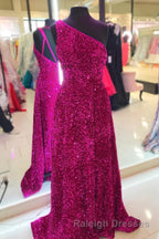 Purple Sequin One Shoulder Backless A Line Long Prom Dresses