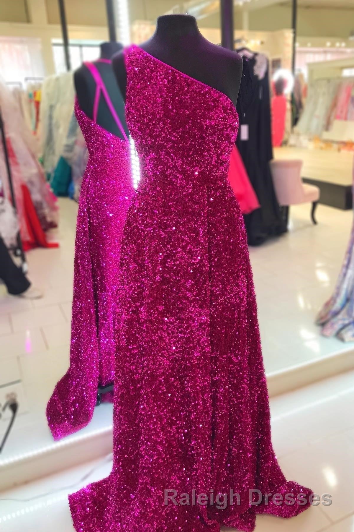 Purple Sequin One Shoulder Backless A Line Long Prom Dresses